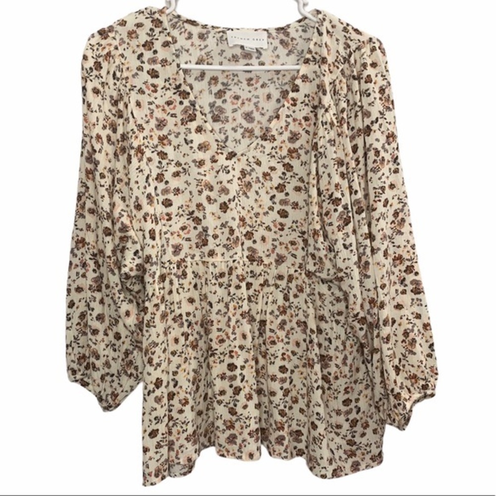 French Grey Long Sleeve Floral Blouse Medium